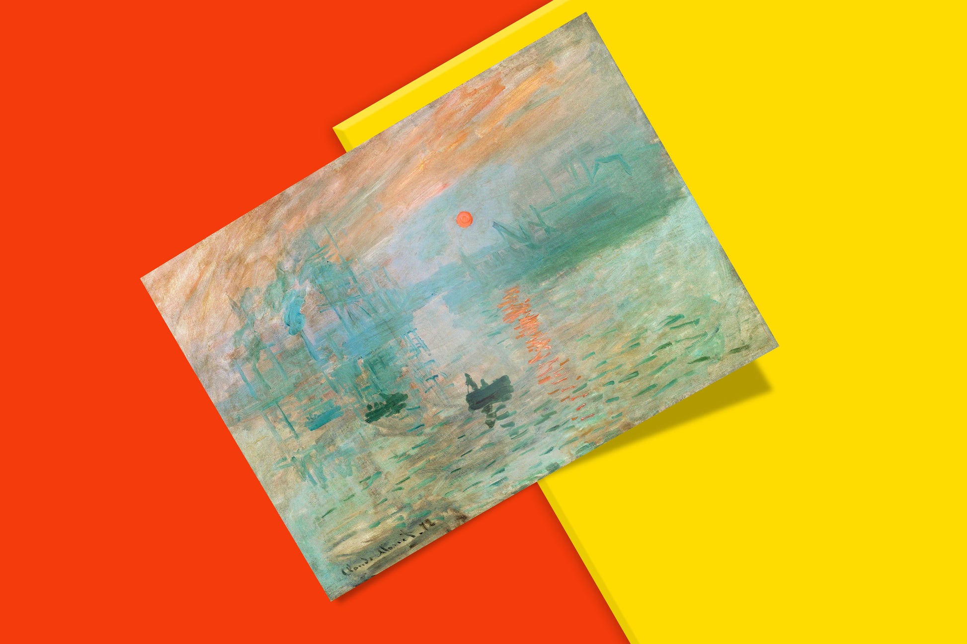 A close-up of a premium quality art print of Monet's Impression, Sunrise, showing the detailed texture and ultra-sharp clarity.