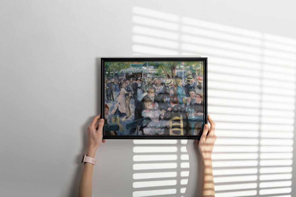 Pierre-Auguste Renoir Impressionist masterpiece framed wall art print hanging in dining room, featuring classic French Montmartre scene reproduction for sophisticated home interior design