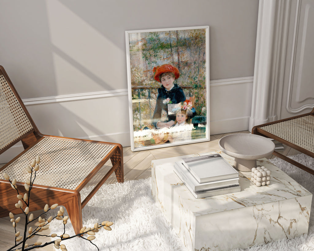 Framed Renoir Two Sisters On the Terrace art print displayed as elegant wall art in modern living room interior, showing premium Impressionist home decor styling with intimate portrait