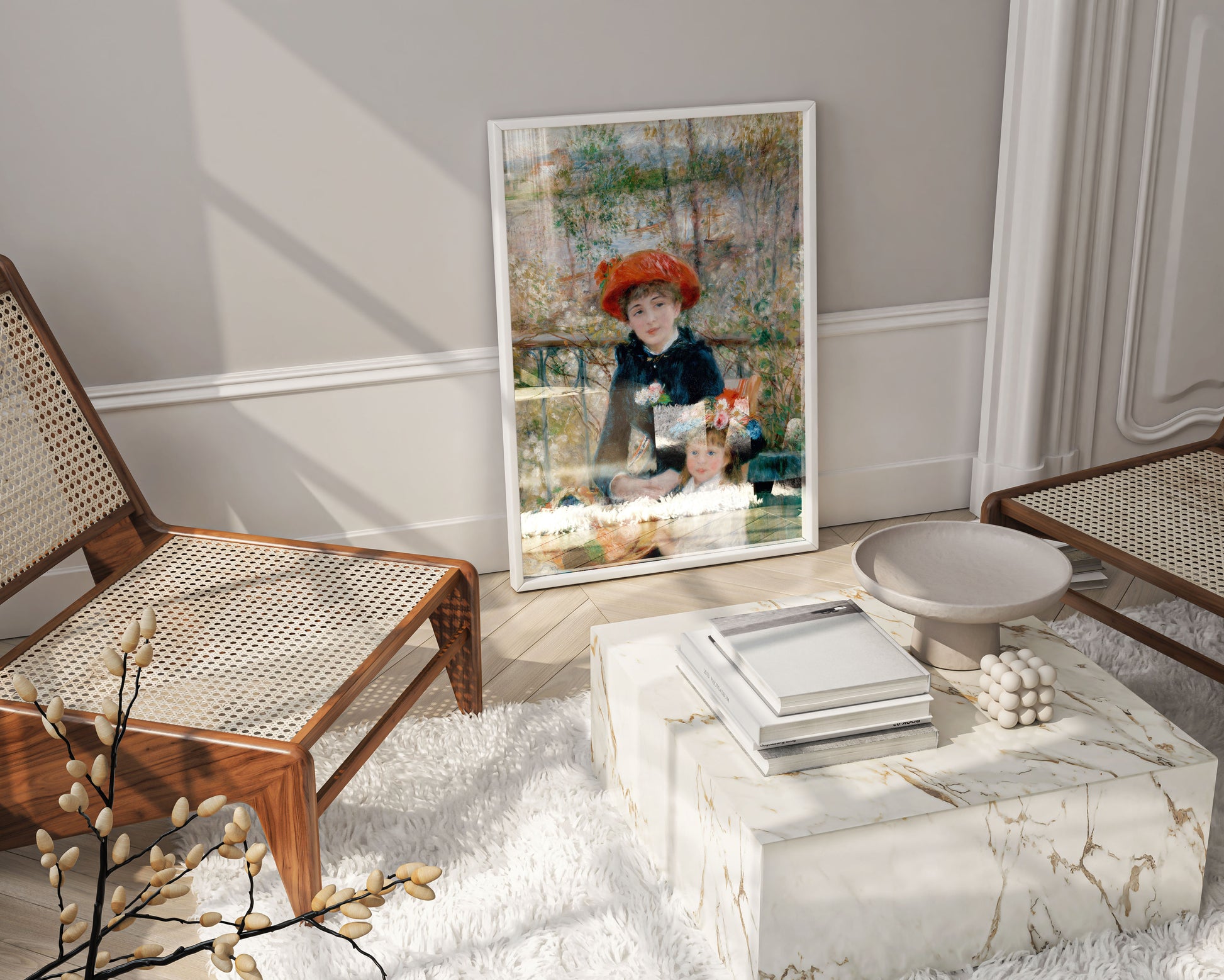 Framed Renoir Two Sisters On the Terrace art print displayed as elegant wall art in modern living room interior, showing premium Impressionist home decor styling with intimate portrait