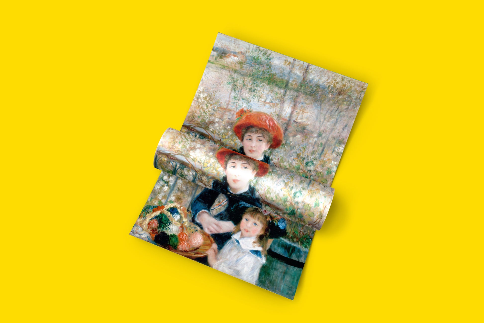 High-resolution fine art reproduction of Renoir Two Sisters Terrace print showing intimate portrait scene with riverside background, premium wall art perfect for bedroom and living room decor