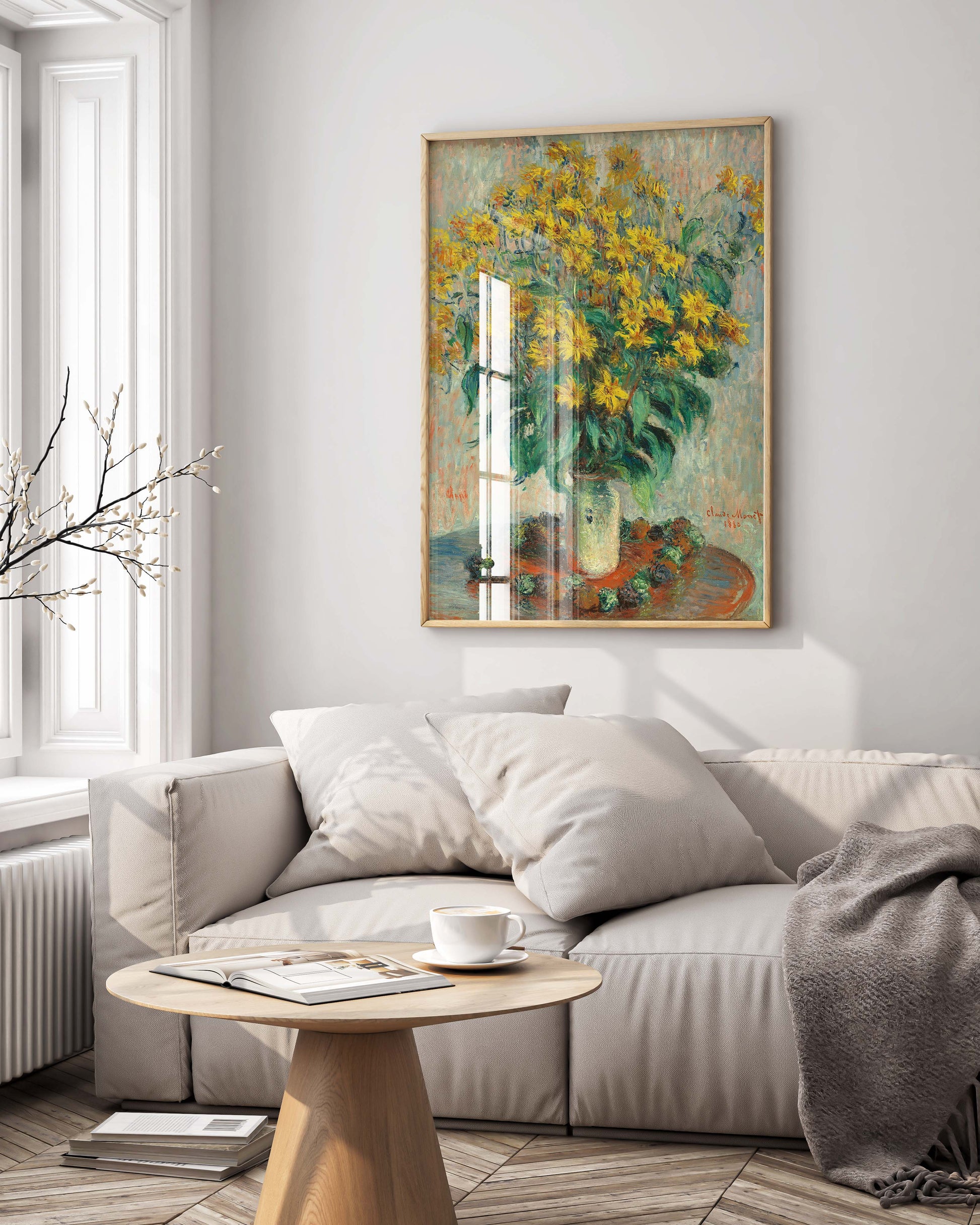Beautiful framed reproduction of Monet's yellow flower still life hung above sideboard in modern interior, demonstrating premium impressionist wall art placement for sophisticated home styling and art collection display
