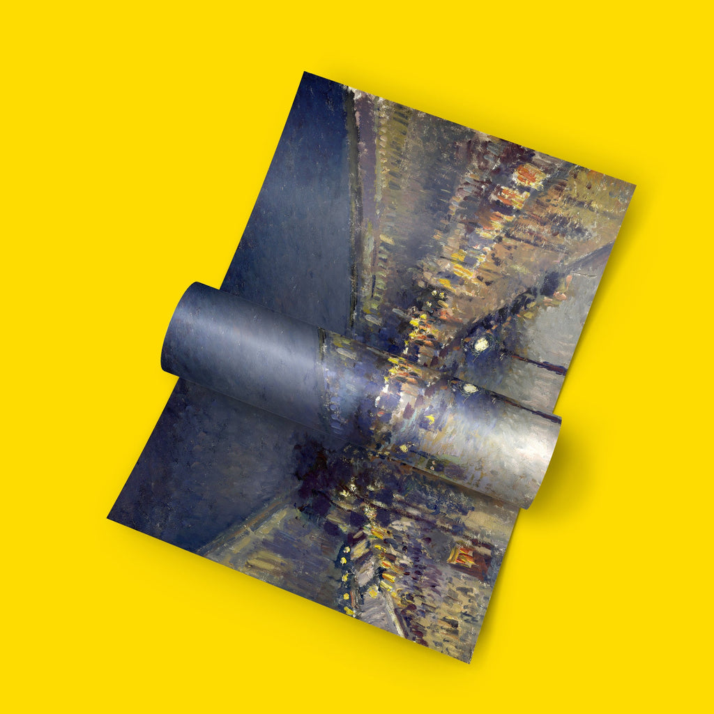 French Impressionist night scene art poster by Pissarro, vintage Paris boulevard fine art print with atmospheric lighting ideal for gallery walls and modern interiors