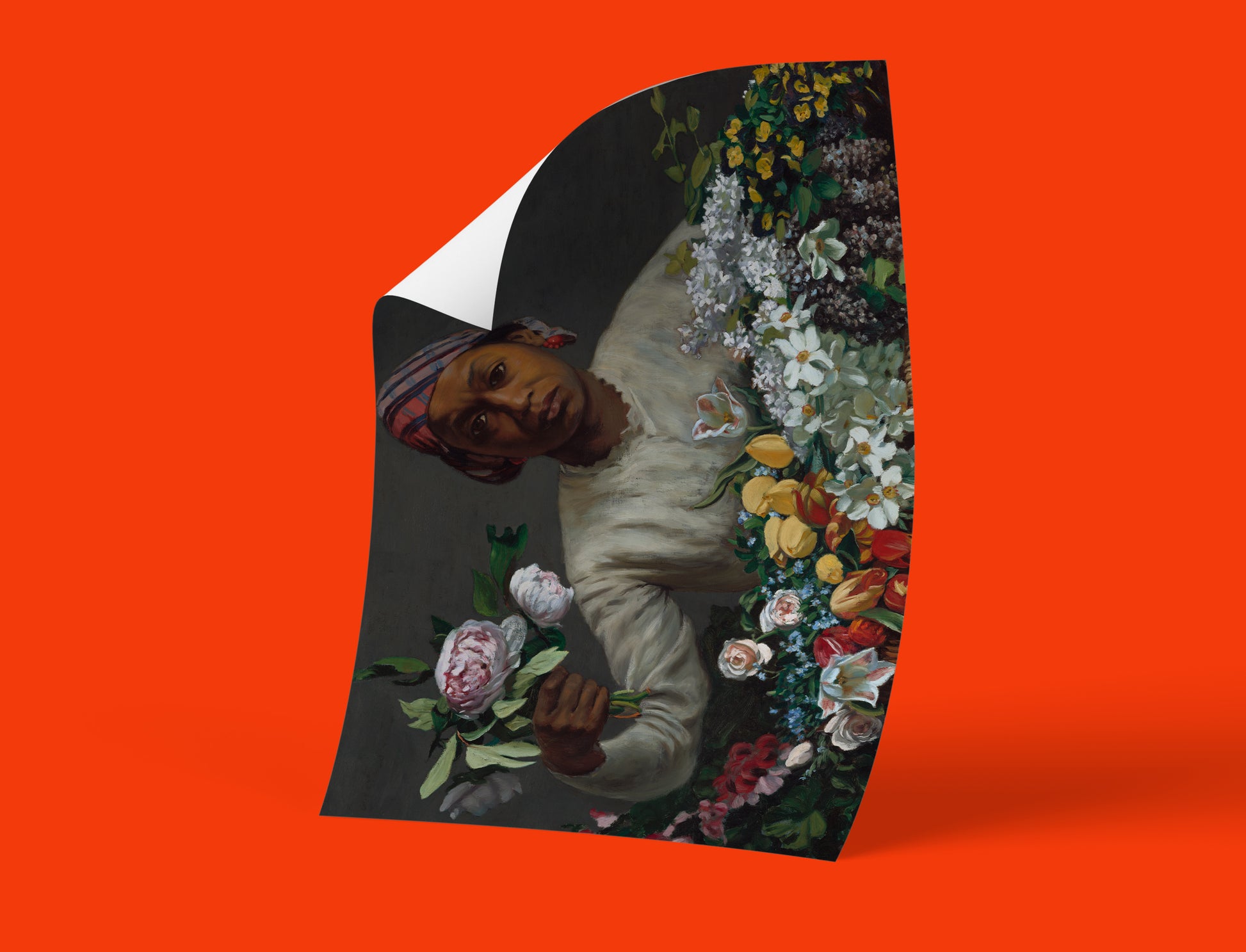 This premium wall art poster features Bazille's iconic oil on canvas, Young Woman with Peonies, depicting a woman holding flowers.