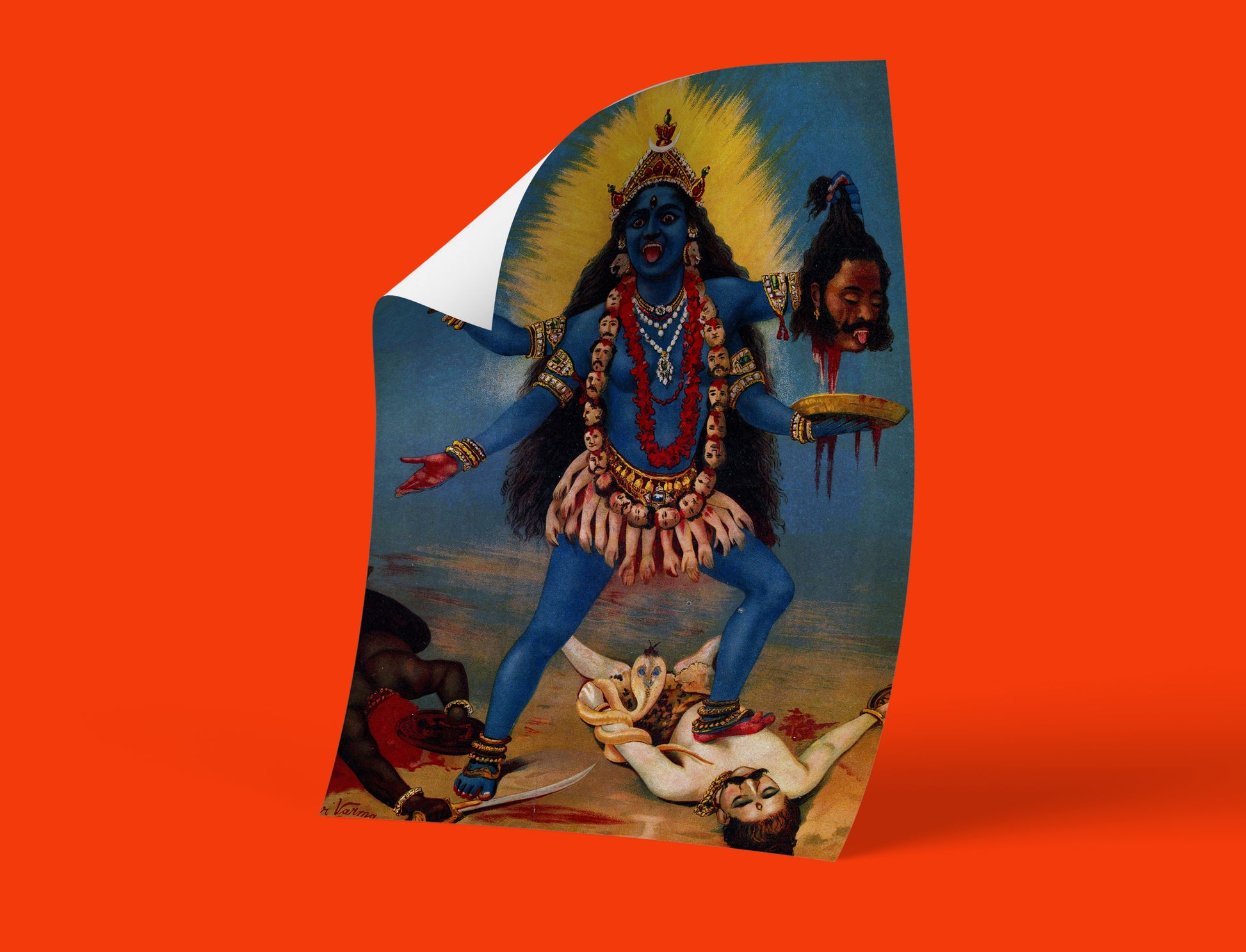 Vintage fine art wall decor featuring the powerful Hindu goddess Kali stepping on Shiva, a masterpiece by Raja Ravi Varma.