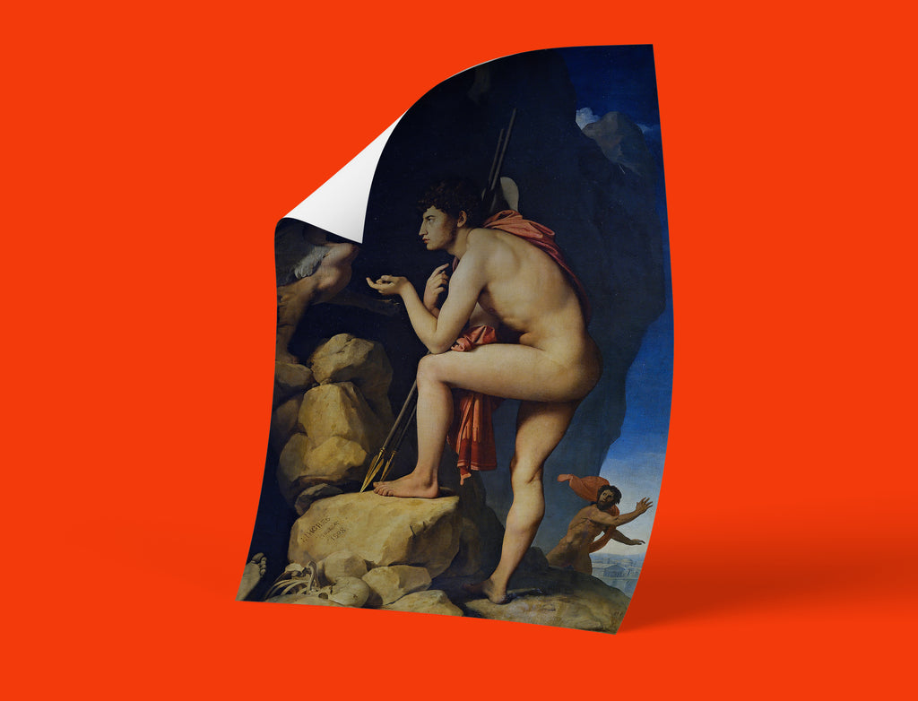 Neoclassical art print of Ingres' 1827 Oedipus and the Sphinx masterpiece, museum-quality giclée reproduction featuring dramatic mythology scene for home décor