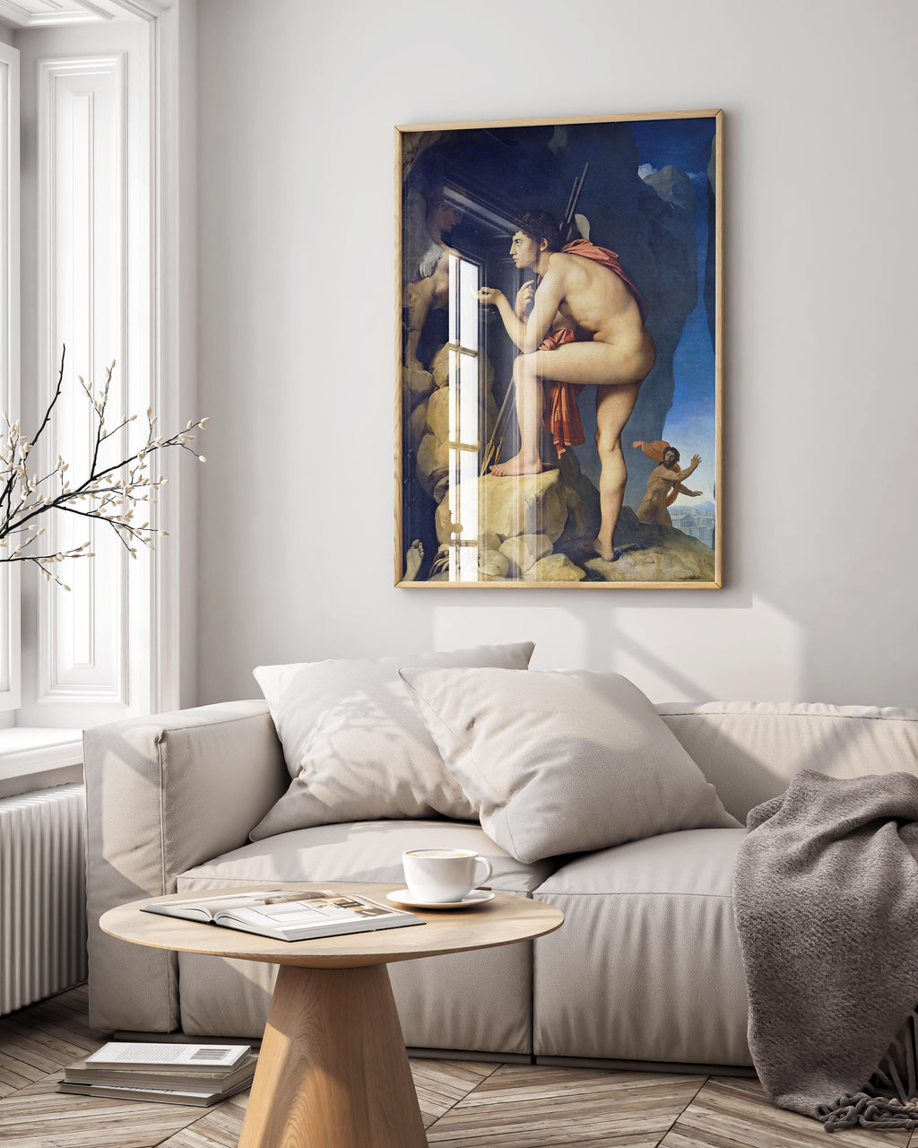 Framed Ingres Oedipus and the Sphinx fine art print displayed as elegant wall art in modern home interior, showcasing premium neoclassical décor styling