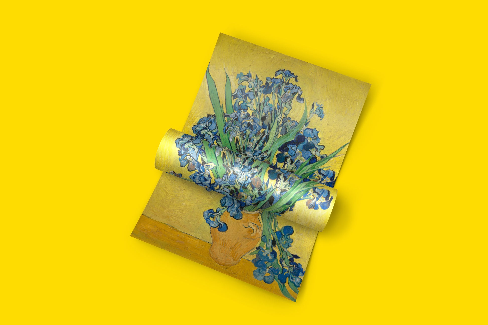 Detailed reproduction of the "Irises" painting by Vincent van Gogh, a famous artwork featuring a bouquet of flowers in a vase.