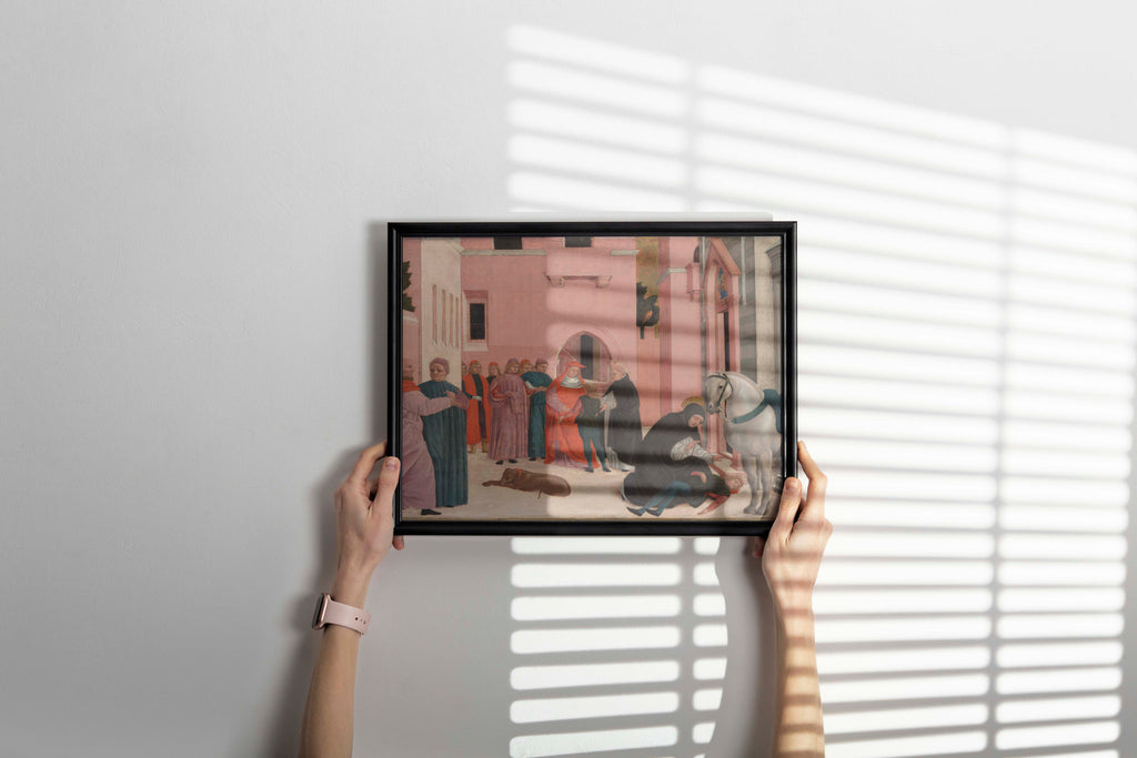 Close-up of a framed fine art print of the 15th-century Bartolomeo degli Erri masterpiece, "Saint Dominic Resuscitating Napoleone Orsini." This stunning, ready-to-hang framed art is the ultimate in sophisticated luxury wall decor.