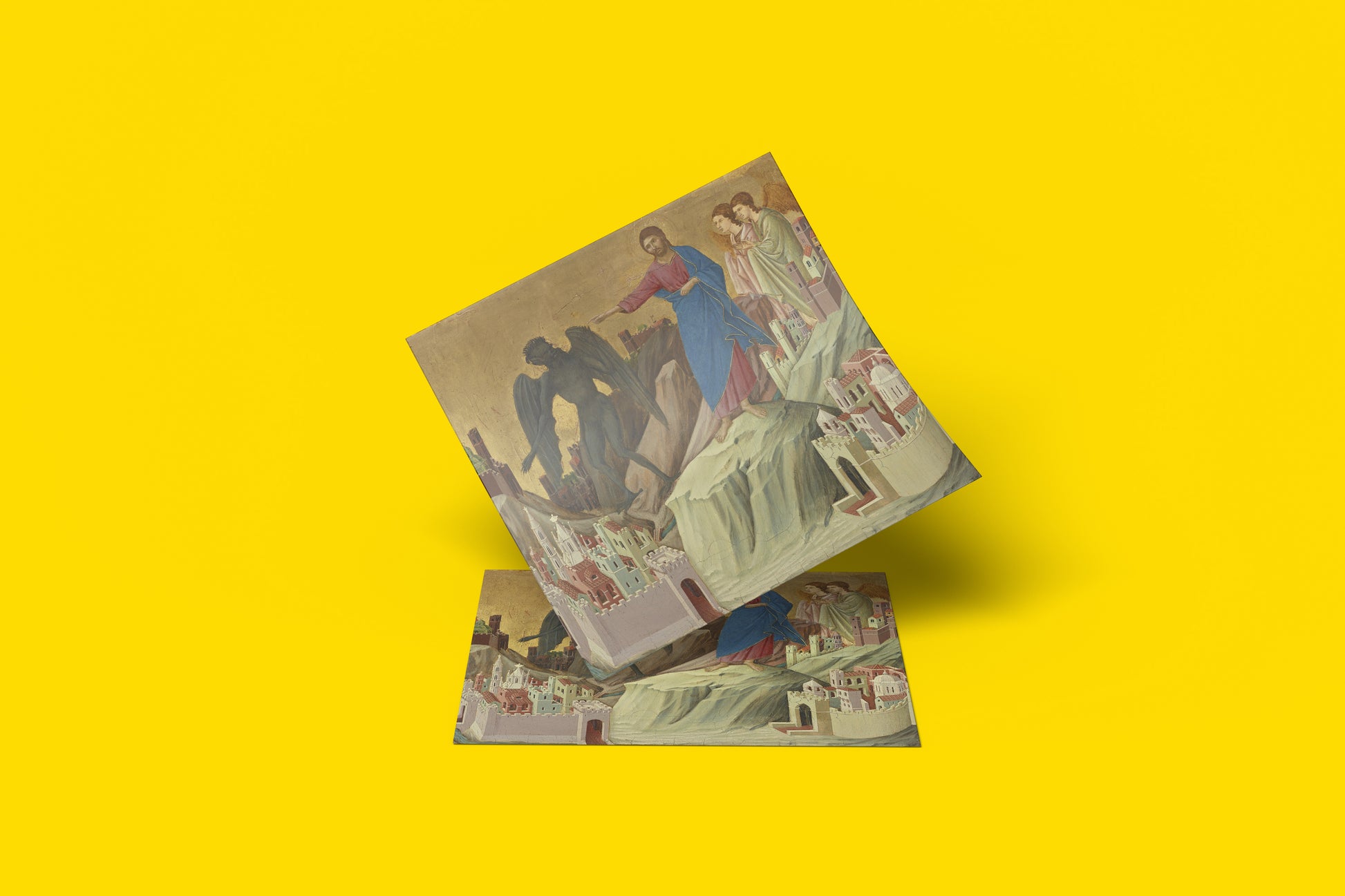 Museum quality giclée art print of Duccio's Temptation of Christ showing Jesus rejecting the Devil on rocky mountain with Byzantine gold sky and Sienese architecture