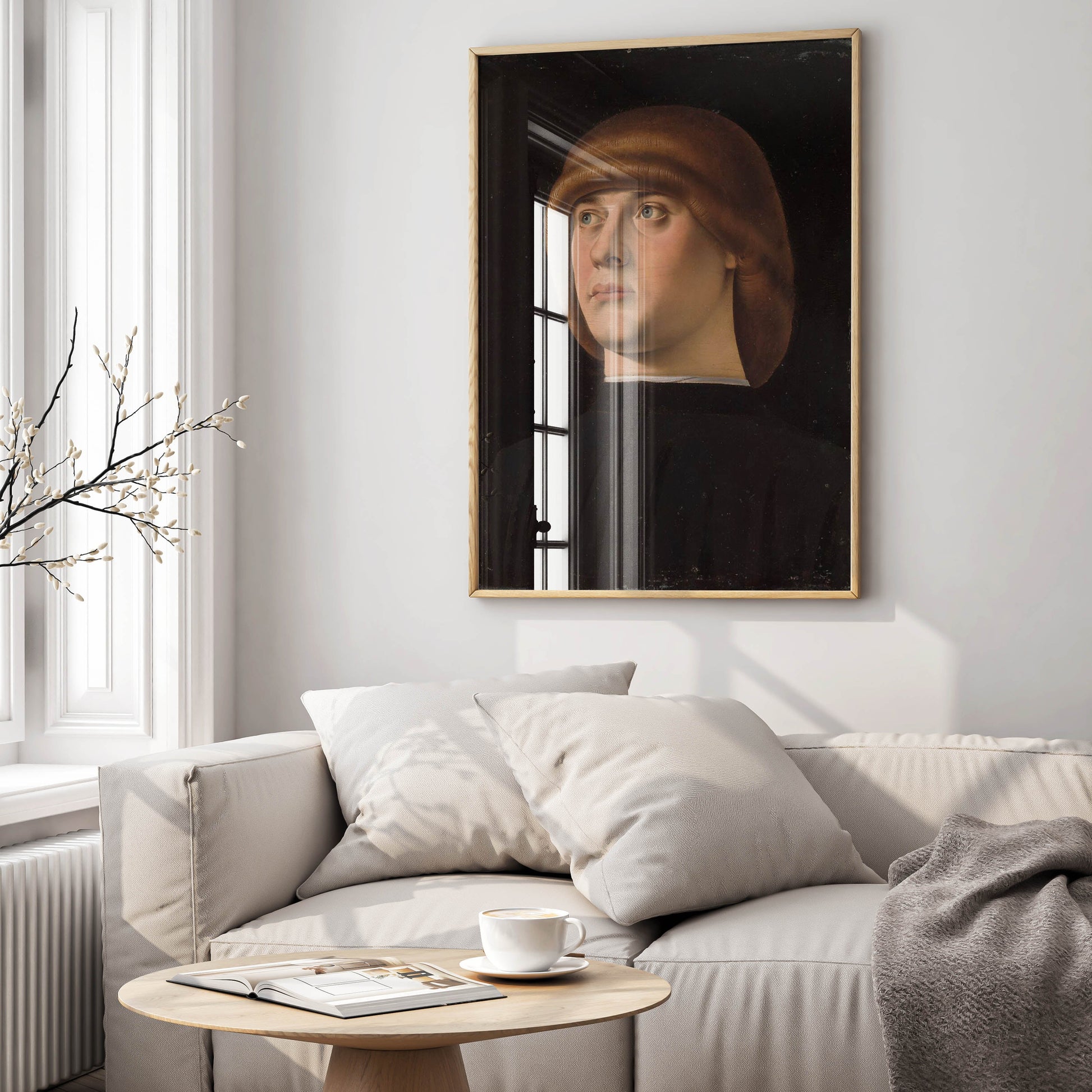 Framed Italian Renaissance portrait wall art, Jacometto Veneziano painting print in modern interior, museum quality framed art for home gallery wall