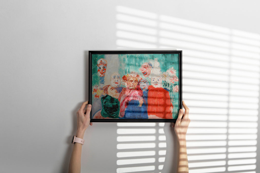 Framed James Ensor carnival masks artwork hanging as sophisticated wall art in contemporary living space, demonstrating high-quality art print for home decor and gallery walls
