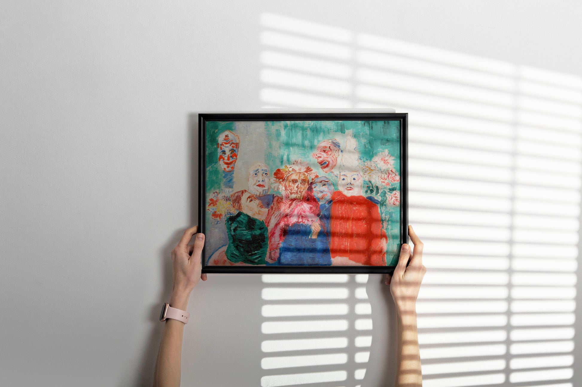 Framed James Ensor carnival masks artwork hanging as sophisticated wall art in contemporary living space, demonstrating high-quality art print for home decor and gallery walls
