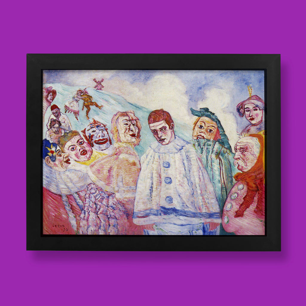 James Ensor Pierrot's Despair fine art print featuring melancholic white-clad clown surrounded by grotesque carnival masks, perfect museum-quality wall art for modern interiors