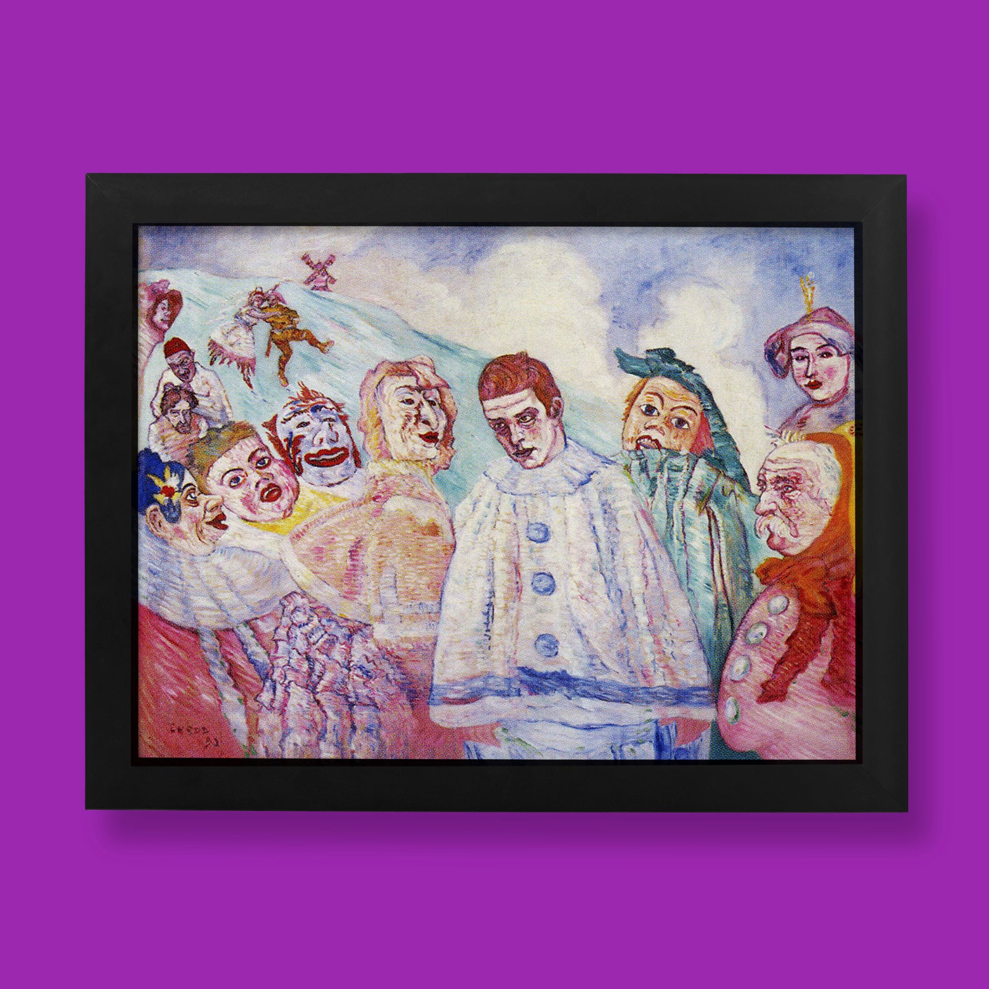 James Ensor Pierrot's Despair fine art print featuring melancholic white-clad clown surrounded by grotesque carnival masks, perfect museum-quality wall art for modern interiors