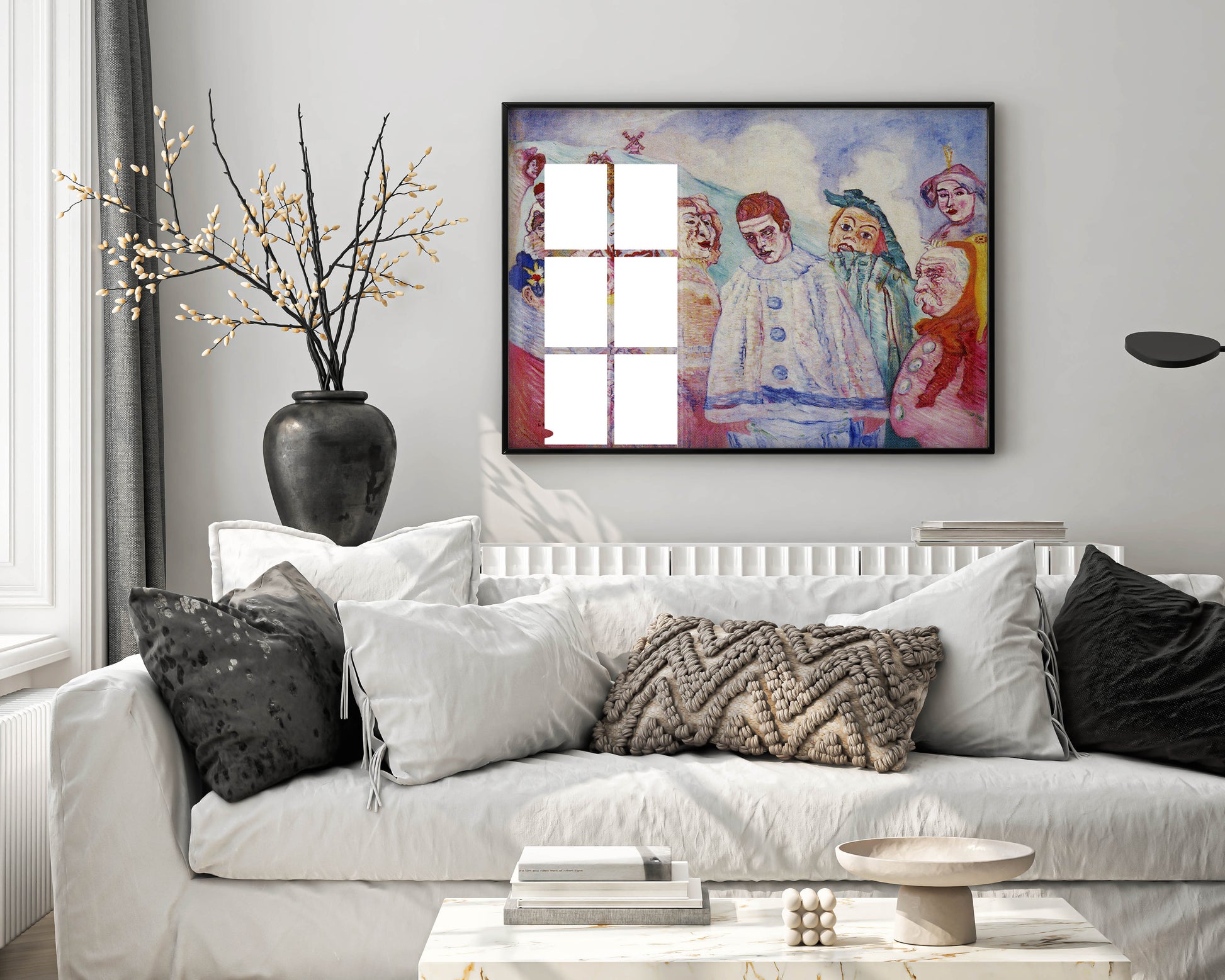 James Ensor Pierrot's Despair framed art print displayed on wall showing Belgian master's iconic carnival painting in elegant frame, premium wall decor for contemporary homes