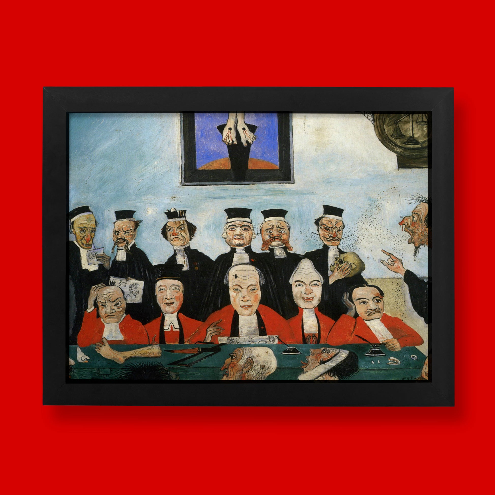 James Ensor The Wise Judges fine art print showing satirical courtroom scene with grotesque judges in red robes, perfect wall art for modern interiors