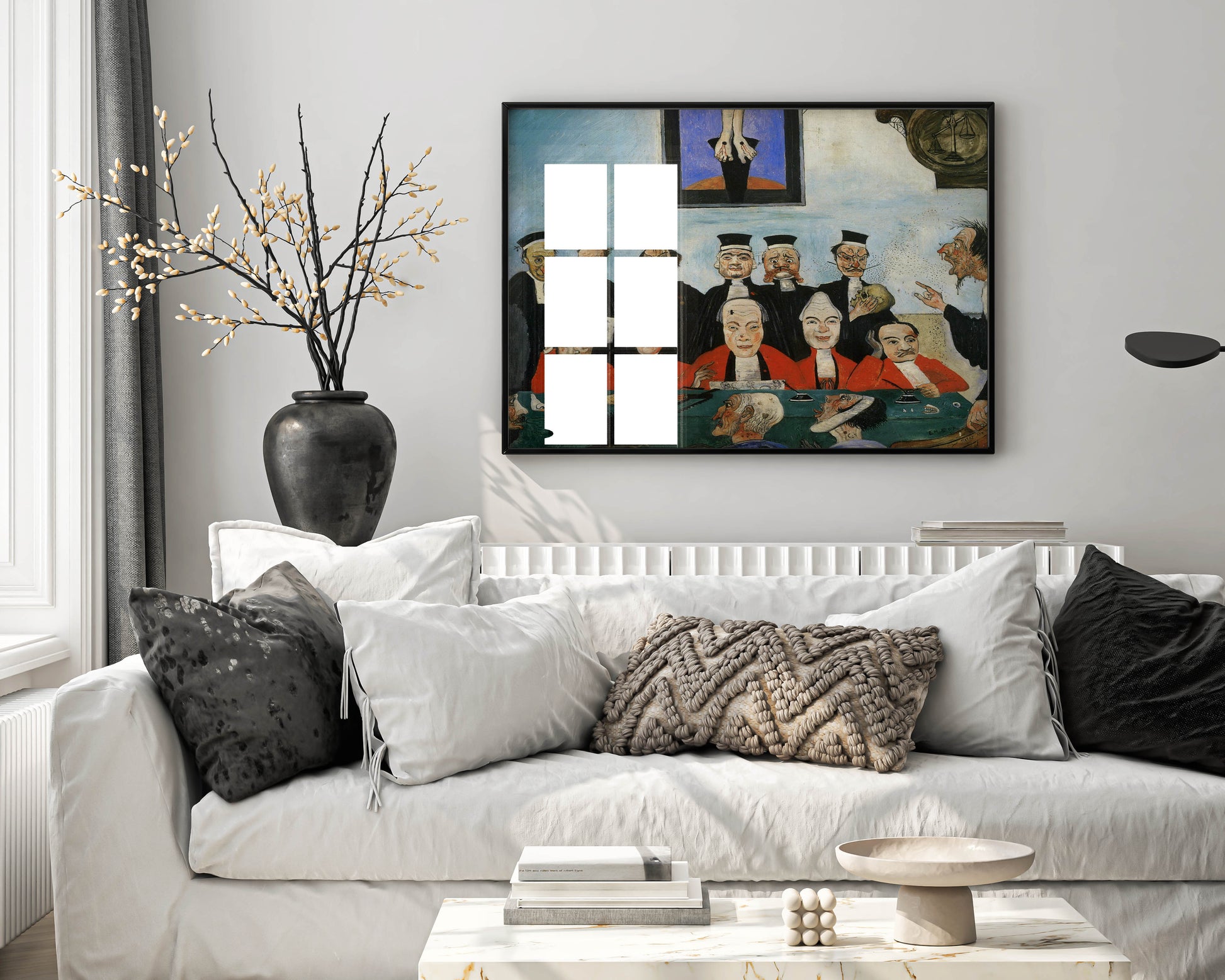 James Ensor The Wise Judges framed art print displayed on wall showing satirical courtroom painting, premium framed wall art for contemporary home decor
