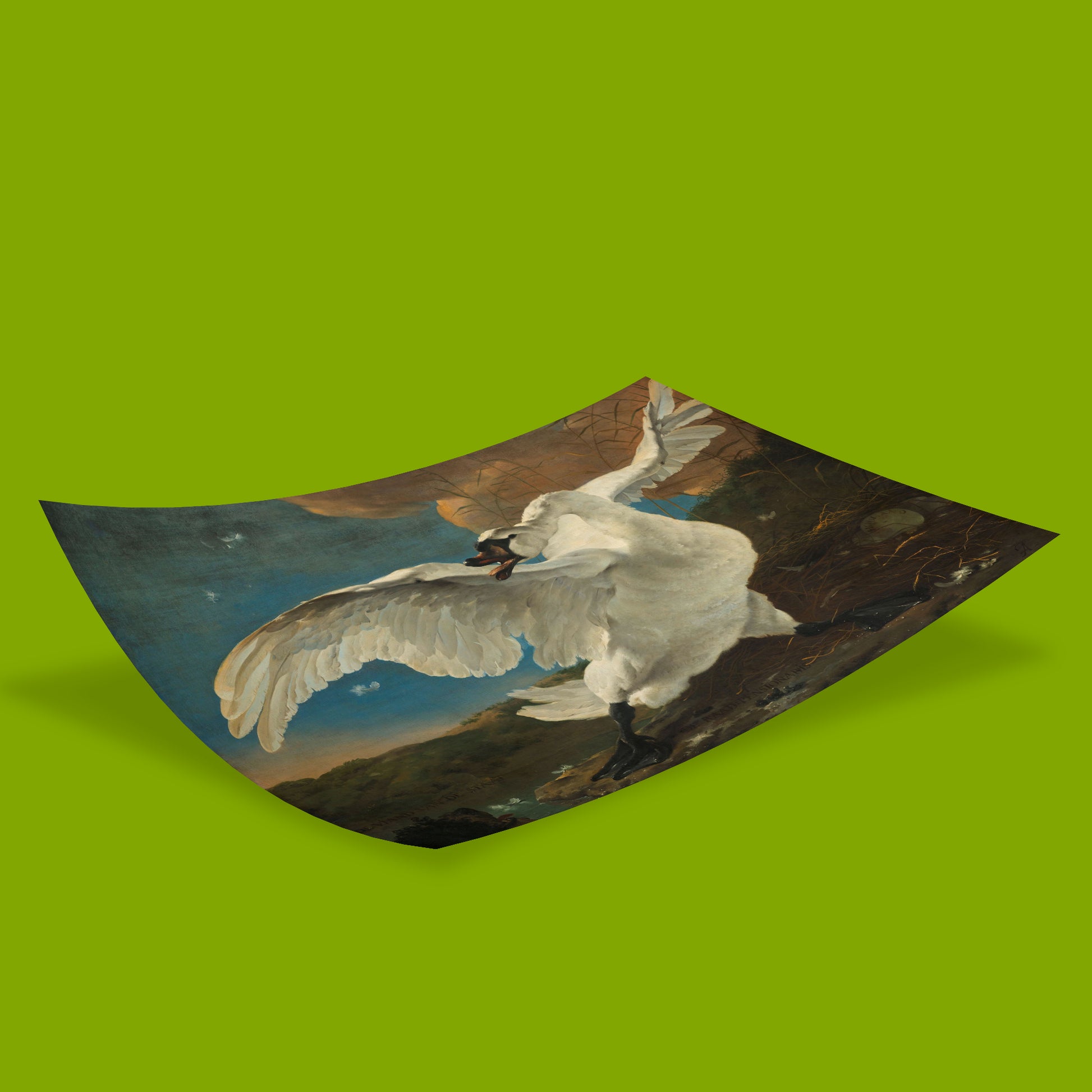 A landscape art print depicting a white bird with outstretched wings over a blue sky and dark rocky terrain, shown floating on a solid lime green background.