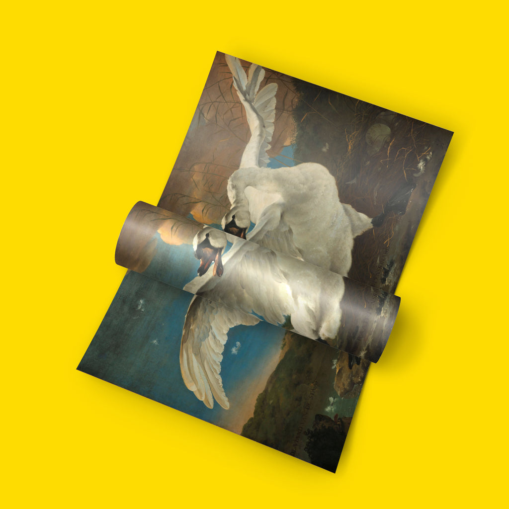 A rolled-out art print featuring a surreal painting of a white swan with wings spread, set against a dark blue and brown background, shown on a solid bright yellow backdrop.