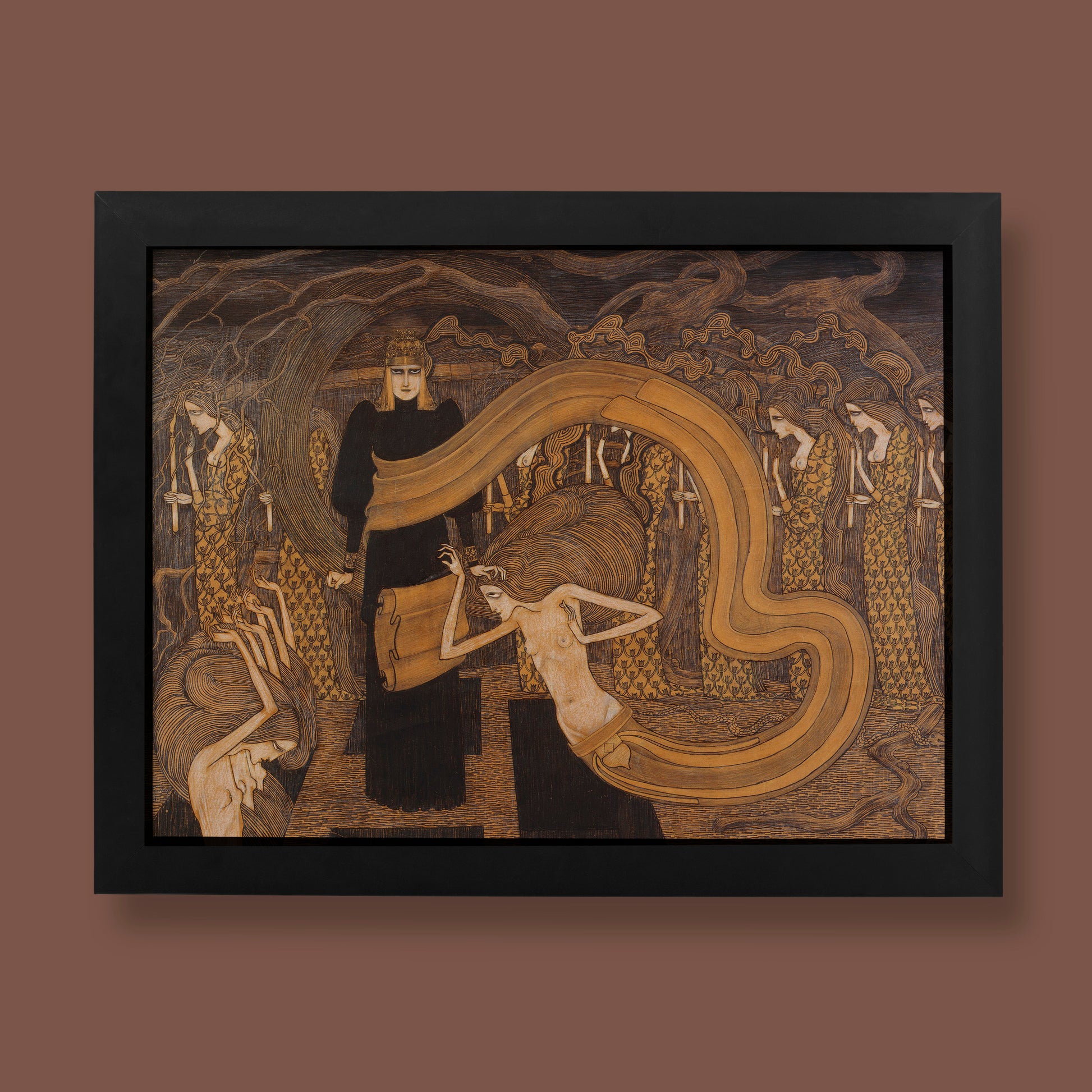 Jan Toorop Fatalism fine art print featuring symbolist wall art with femme fatale imagery and sinuous Art Nouveau linework, museum-quality giclee reproduction for sophisticated home decor