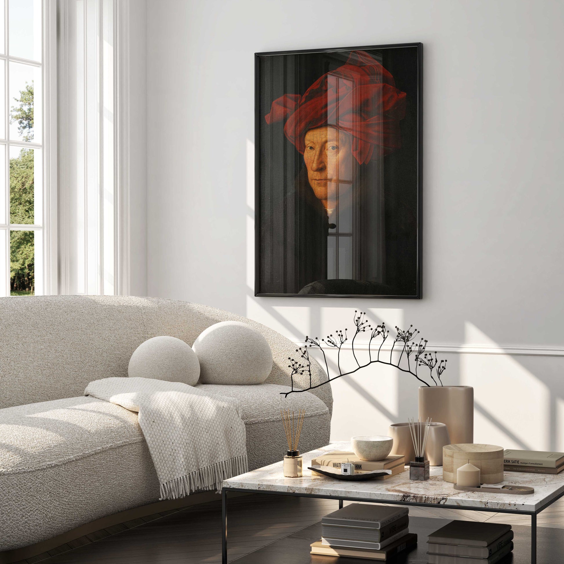 The Jan van Eyck 'Portrait of a Man' fine art print in a luxury, minimalist living room, elegantly framed as a focal point.