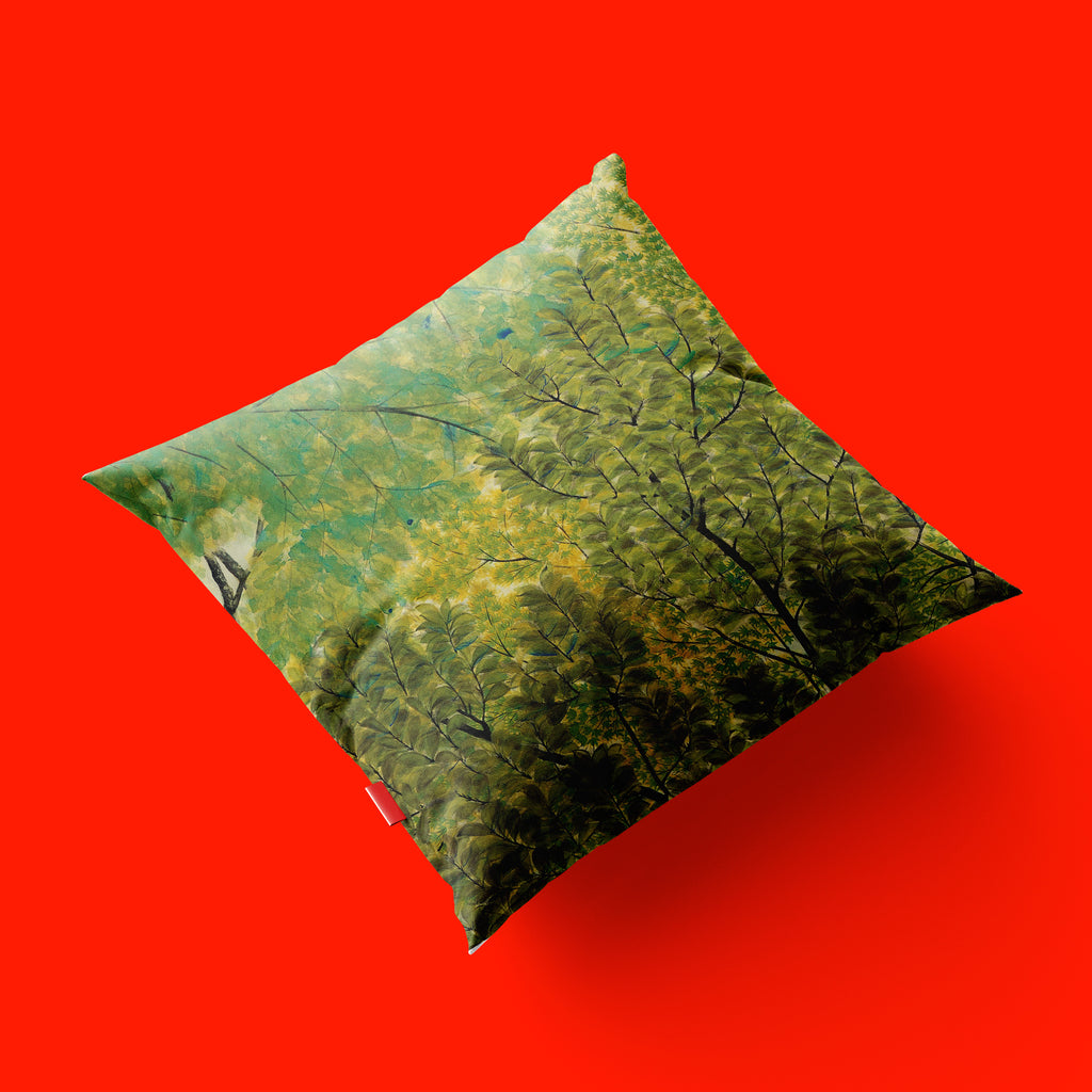 Nihonga home décor cushion cover depicting Gyoshū Hayami's Taishō period masterwork New Leaves, with luminous green and gold spring foliage, premium linen, 18x18 inches