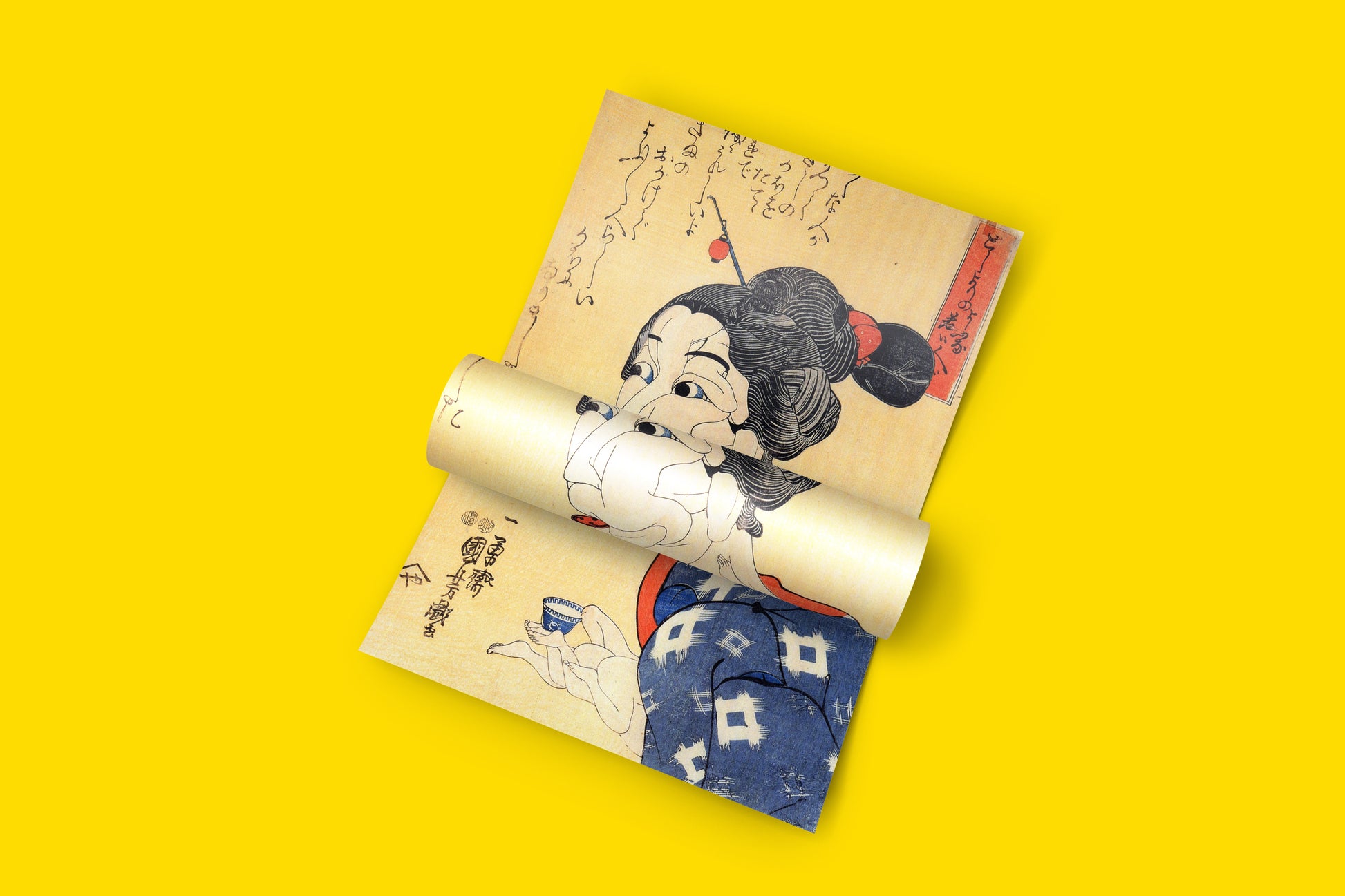 Close up of a Japanese art print by Kuniyoshi showing an optical illusion portrait, perfect for fine art collectors.