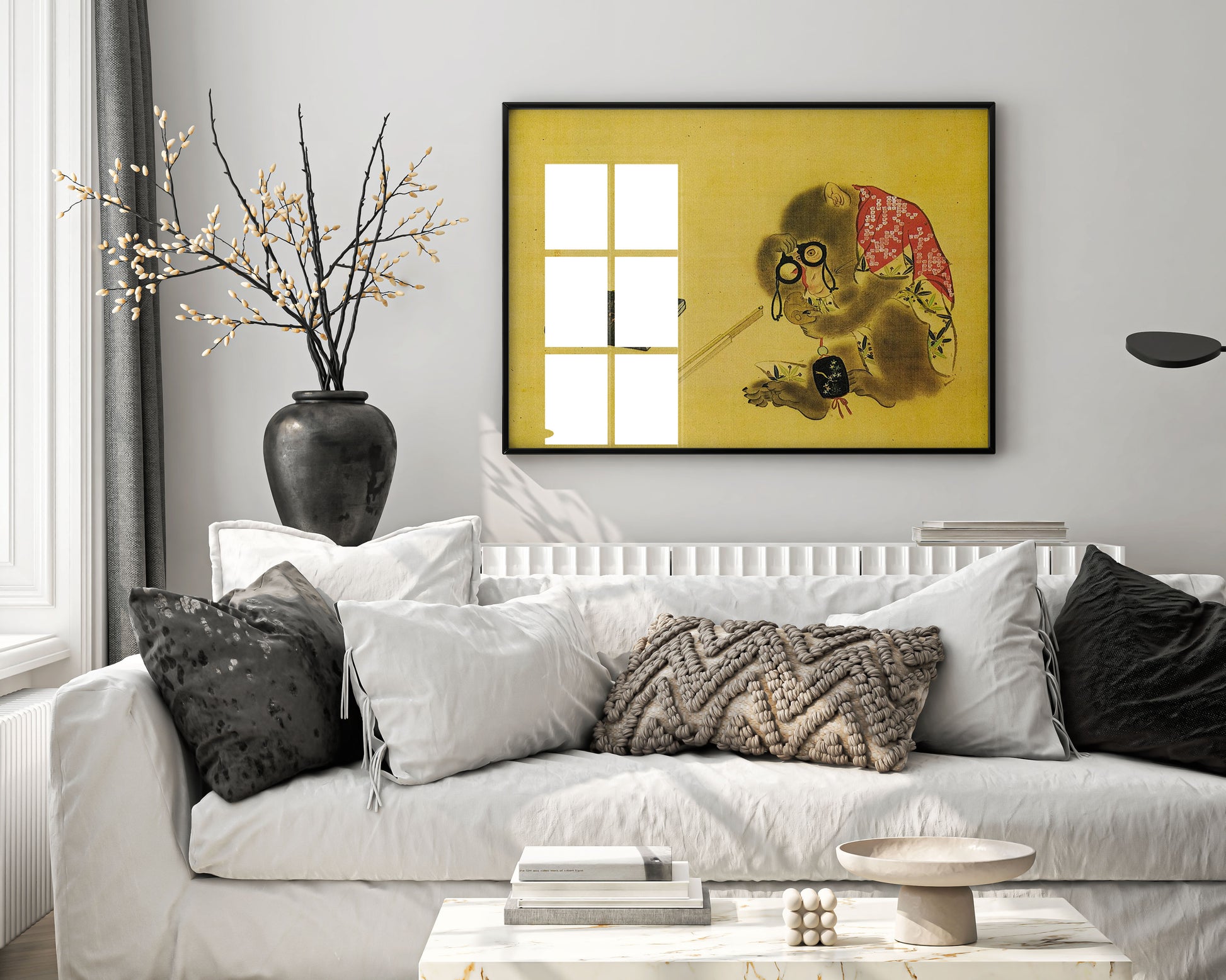 Framed Shibata Zeshin Monkey Posing as a Collector art print displayed on wall showing Japanese painting in modern interior home decor setting