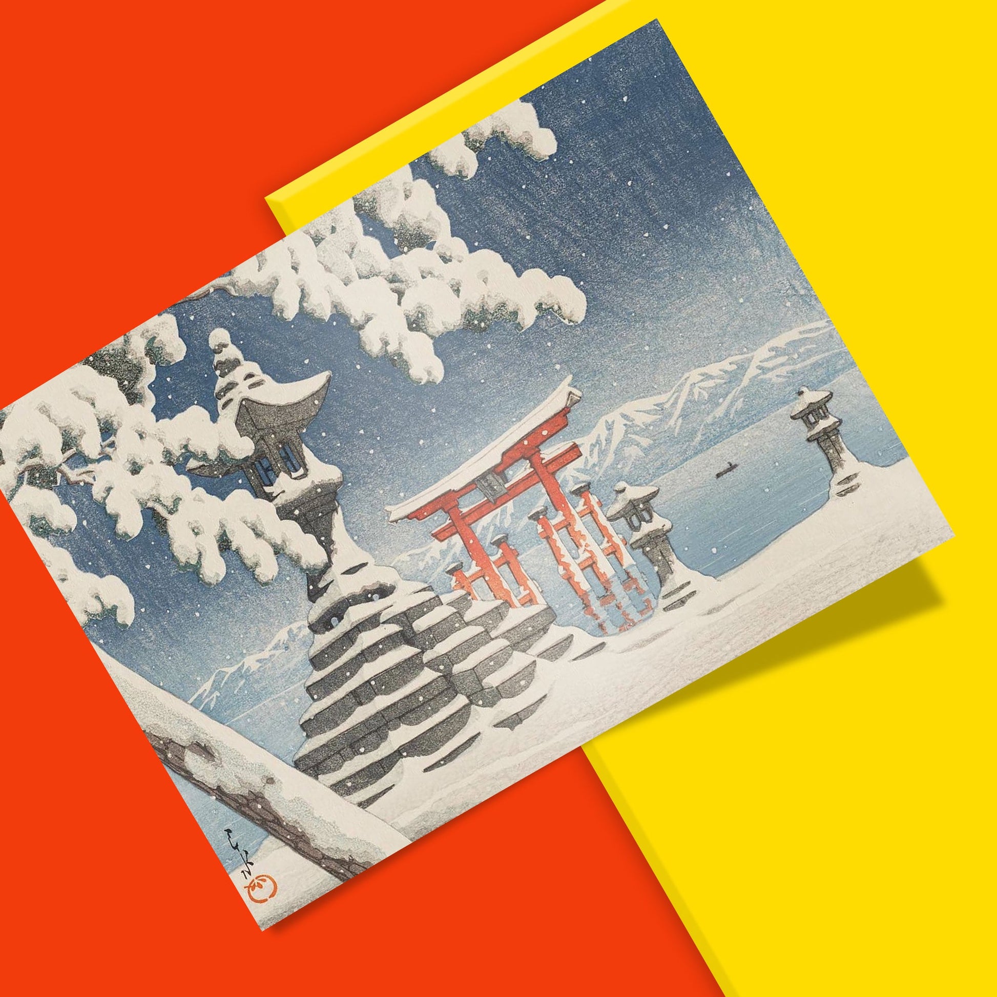 Hasui Kawase 1932 woodblock print Snow at Itsukushima showing iconic red shrine gate against blue winter sky