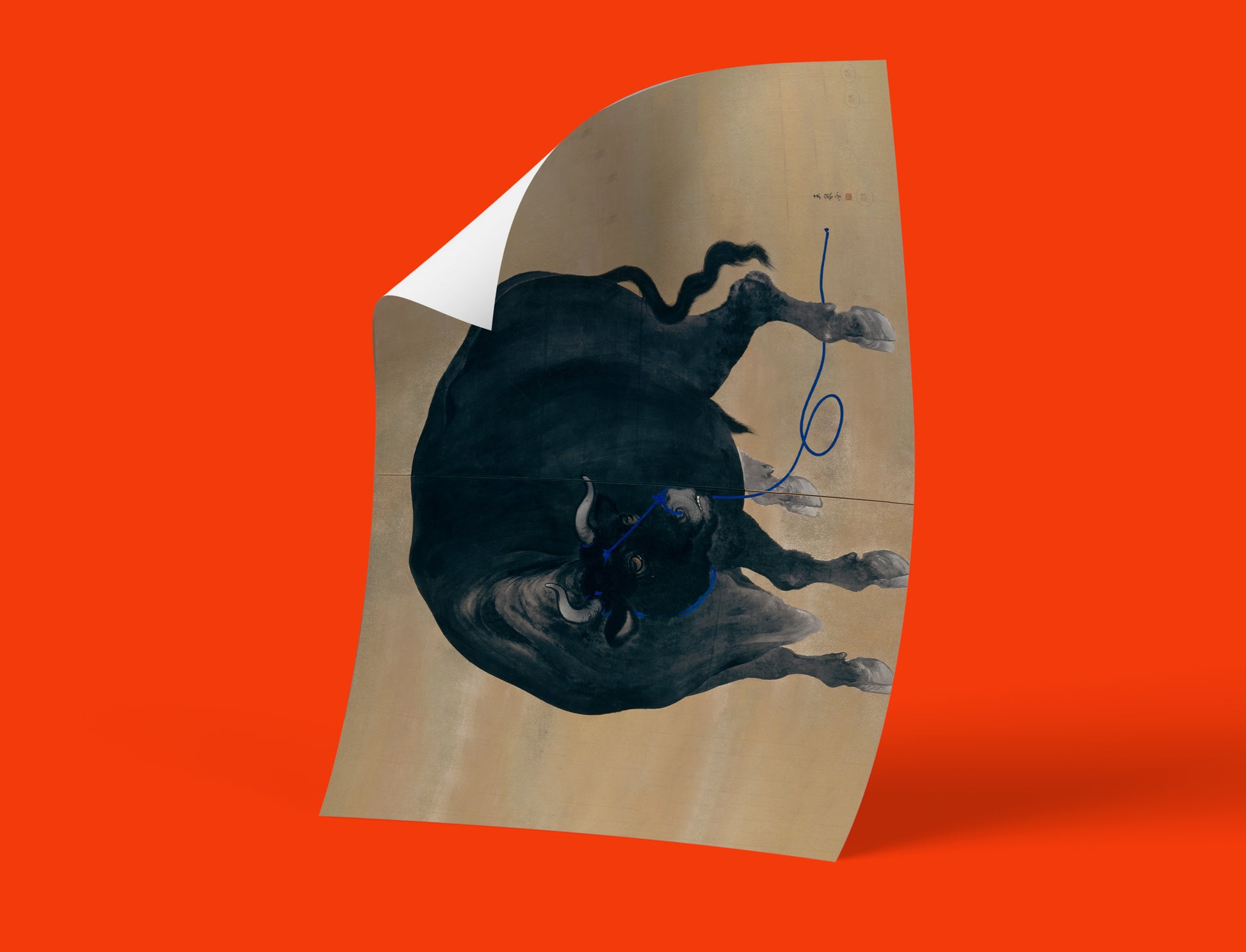 Traditional Japanese bull painting art print by Gyokusen showing powerful black ox with blue rope, high-quality fine art for contemporary wall decoration