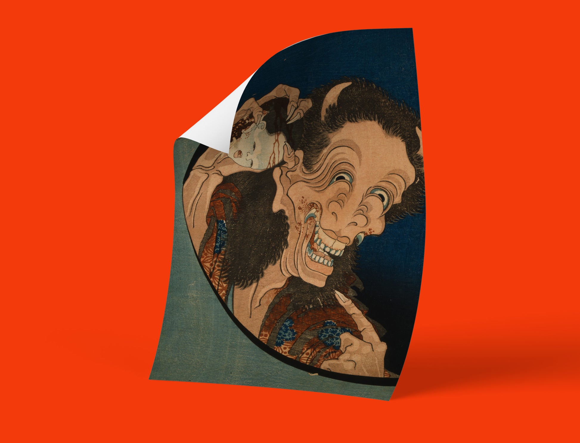 Striking Japanese demon art print by Hokusai showing a laughing Hannya mask, ideal for unique fine art wall decor.