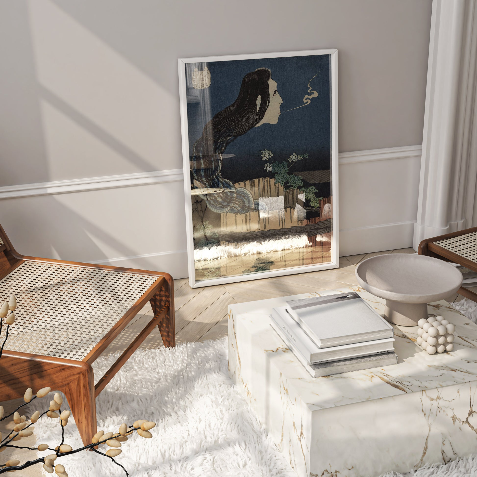 Katsushika Hokusai One Hundred Tales fine art print for home decor and interior design, pale ghost floating over ruined walls, Japanese woodblock wall art