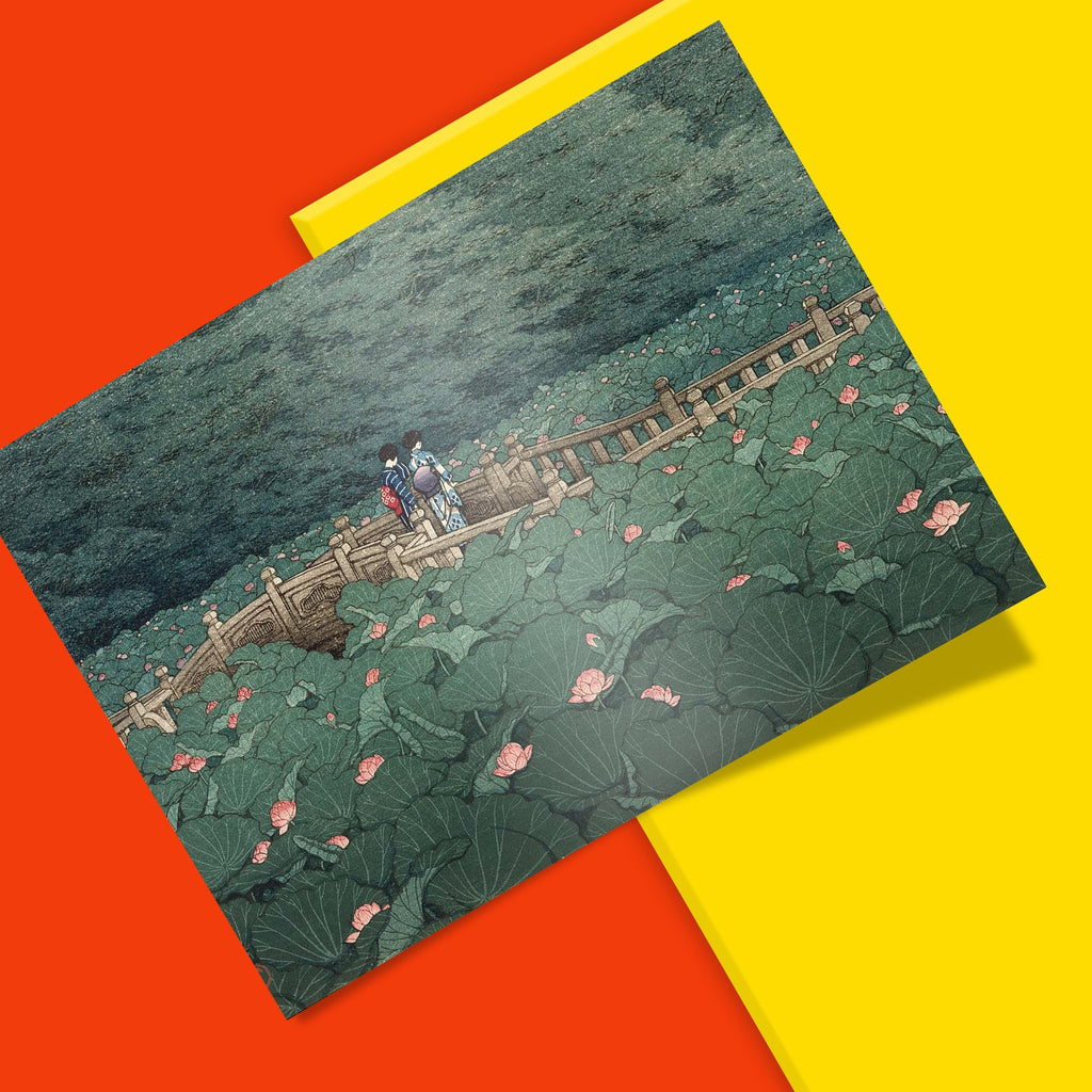 Vintage Japanese fine art print by Hasui Kawase depicting a serene lotus pond at Benten Shrine with traditional stone bridge and figures in traditional dress