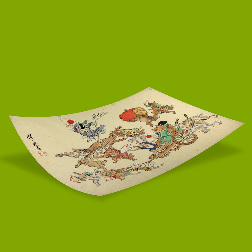 Fine art print of foxes and rabbits in a Meiji-era Japanese festival procession, ideal wall art for art lovers