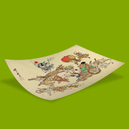 Fine art print of foxes and rabbits in a Meiji-era Japanese festival procession, ideal wall art for art lovers