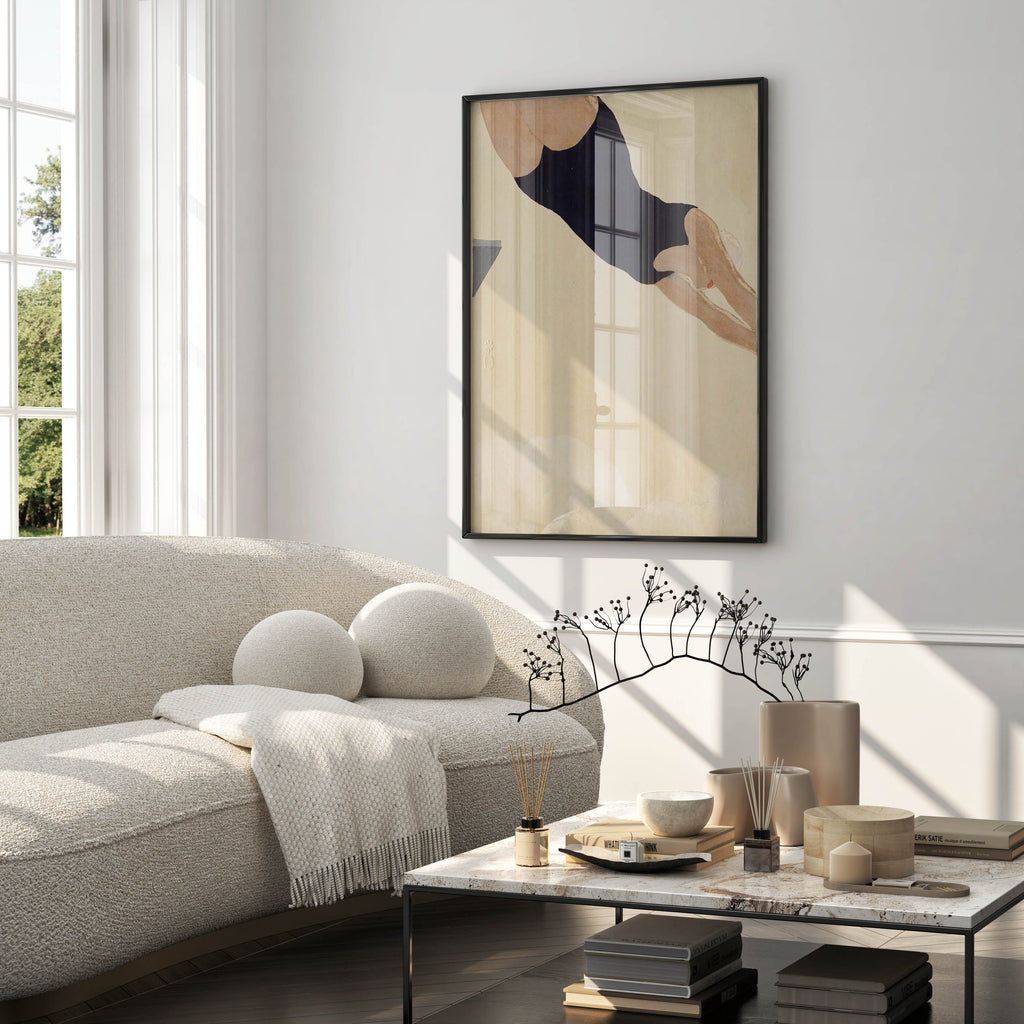 Vintage Japanese art poster print featuring a diver in a black swimsuit by Kōshirō Onchi — mid-century modern wall art for home and office décor