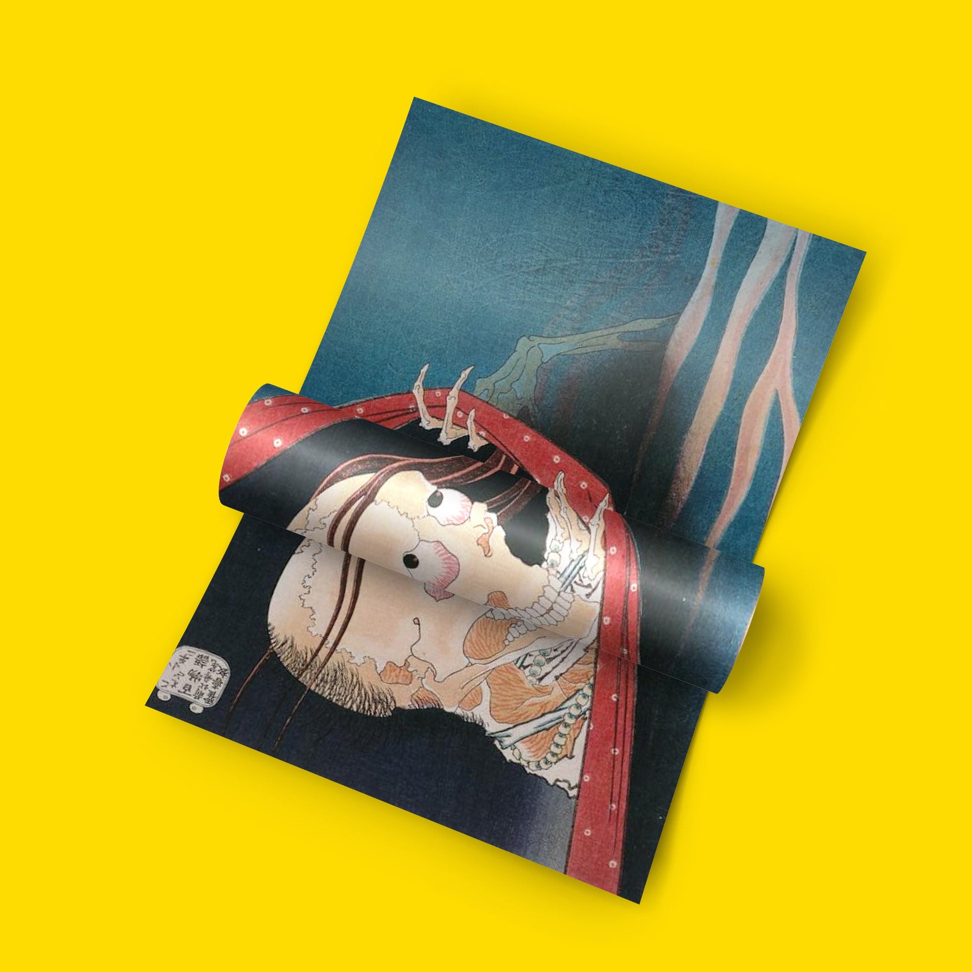 Japanese fine art print of Hokusai masterpiece The Phantom of Kohada Koheiji depicting a haunting skeletal apparition with decaying features and claw-like hands, vintage wall art for home decor