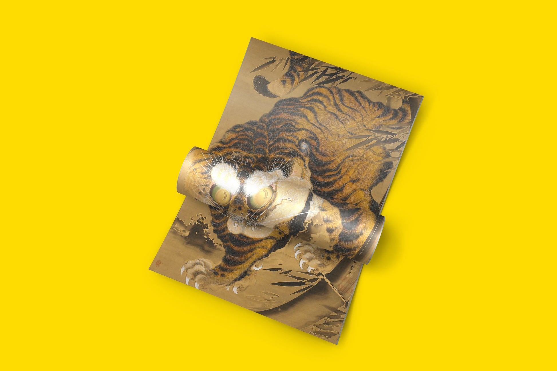 Traditional Japanese tiger emerging from bamboo grove art print - Katayama Yōkoku's famous fur-line painting technique, high-resolution fine art reproduction for art collectors and home decorators