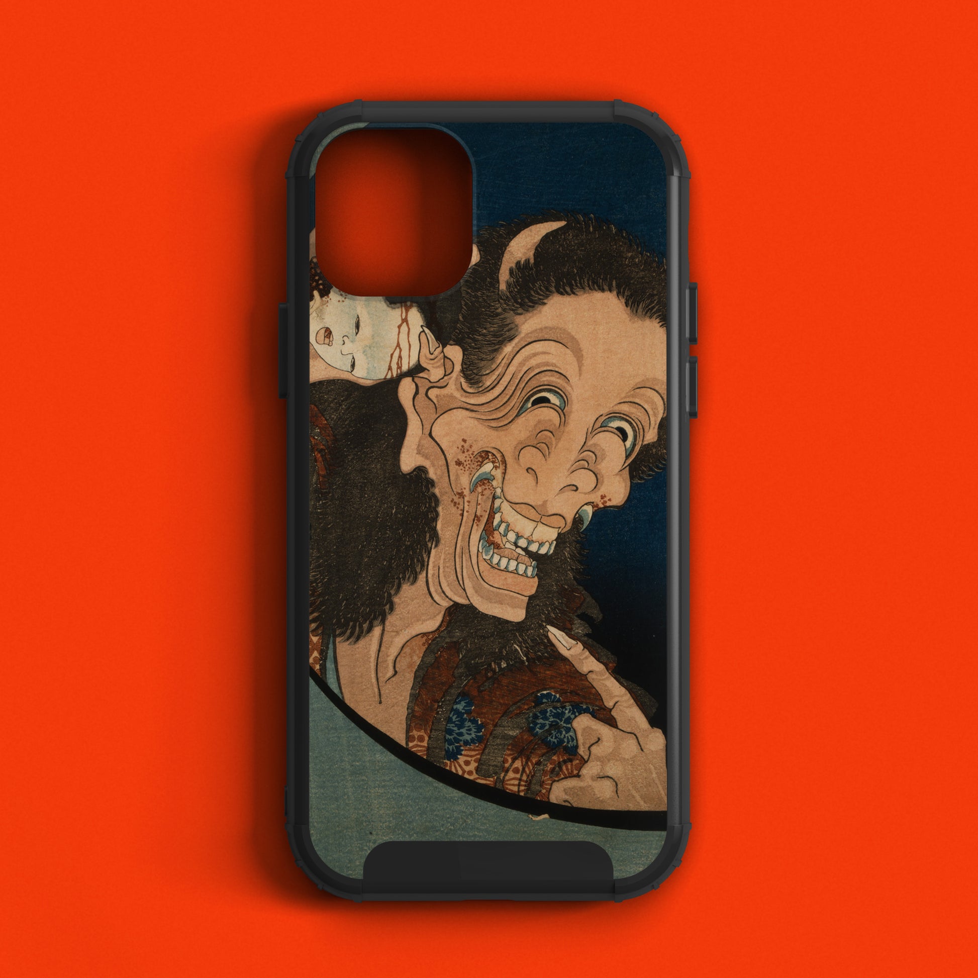 Fine art print phone case featuring The Laughing Hannya by Hokusai, showcasing Japanese folklore and demon mask design