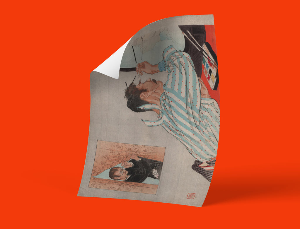 A high-quality giclée fine art print of a man applying makeup in front of a mirror, with another man in Western attire peeking through a curtain. A key piece of Japanese Ukiyo-e art.