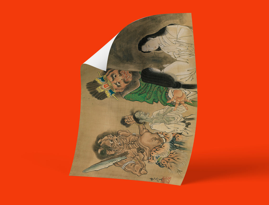 Kawanabe Kyosai Japanese art print featuring woman and skeleton mirror symbolism - museum quality fine art poster for contemporary interiors