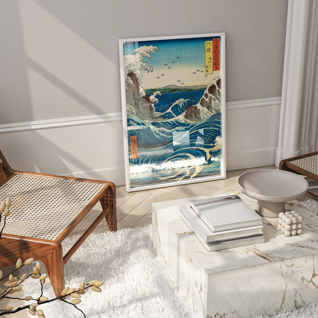 Museum-quality framed Hiroshige Naruto Whirlpool fine art print on wall, Japanese woodblock reproduction with matte finish, contemporary home decor