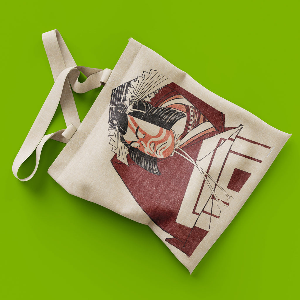 Eco-friendly art gift tote bag with Edo period Kabuki actor print by master ukiyo-e artist Katsukawa Shunko, reinforced cotton handles