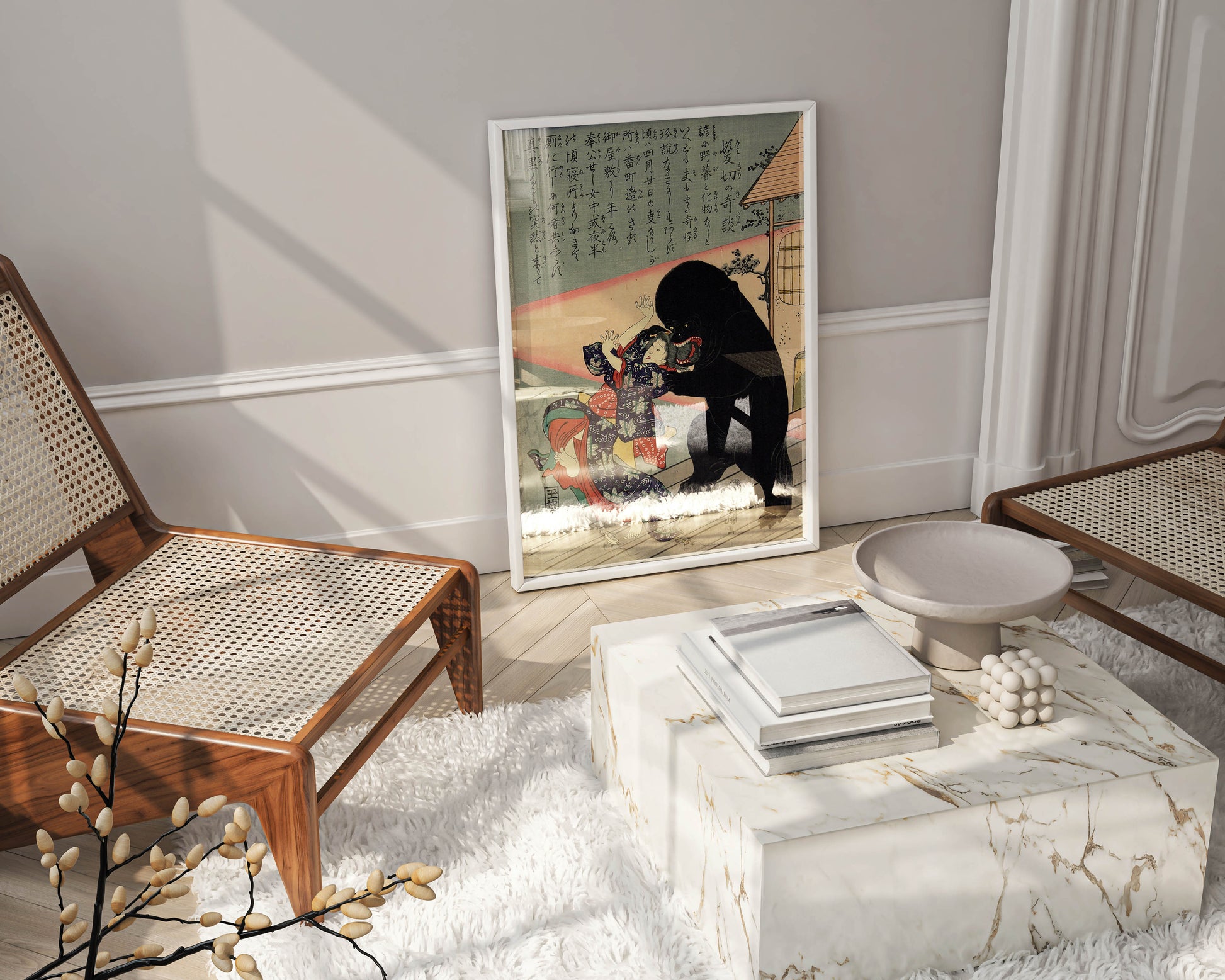 A beautifully framed Japanese ukiyo-e woodblock print by Utagawa Yoshifuji, adding a touch of classic art and elegance to a minimalist, luxurious living room.