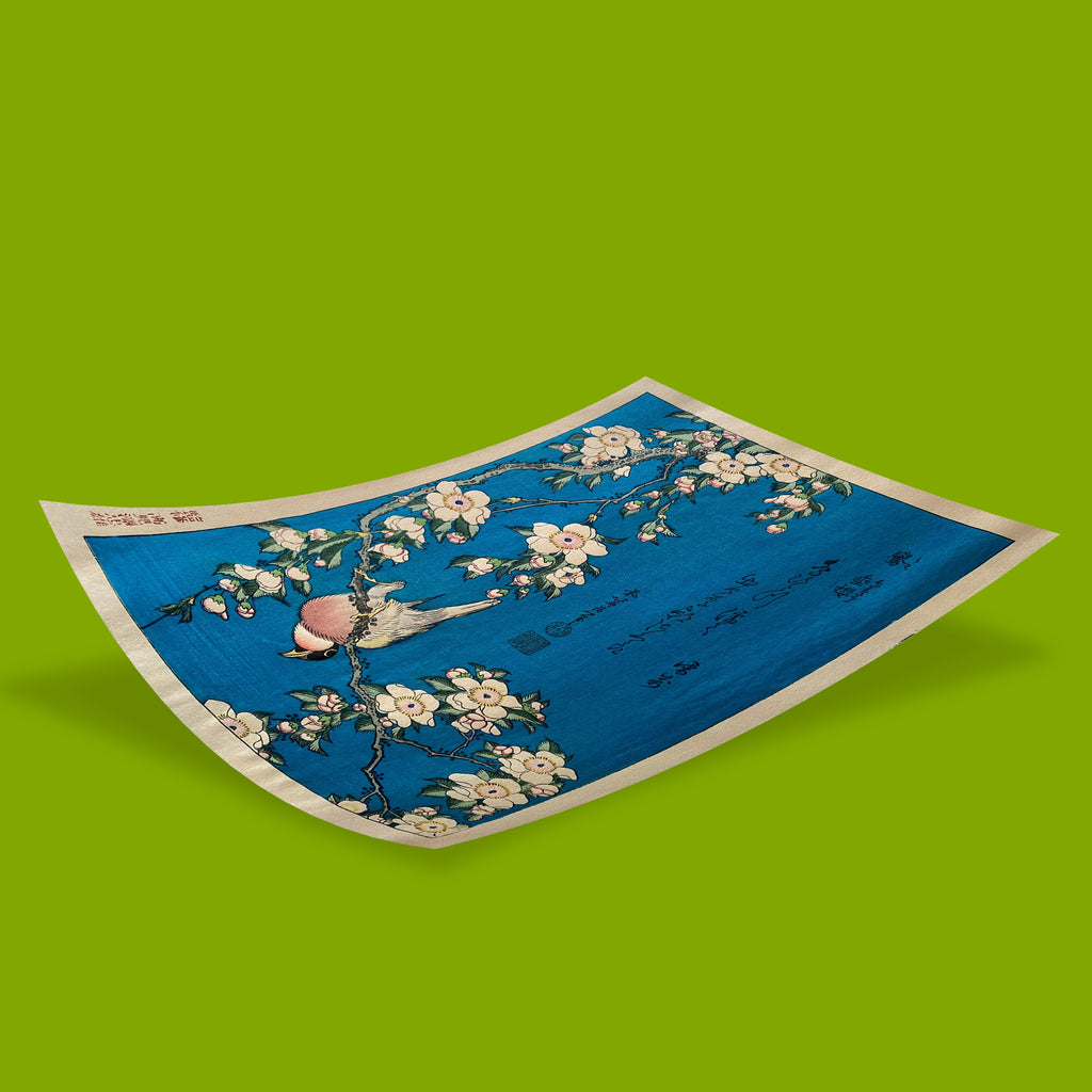 Edo period art print by Hokusai featuring a bullfinch and flowering cherry tree, ideal Japanese art prints for the home