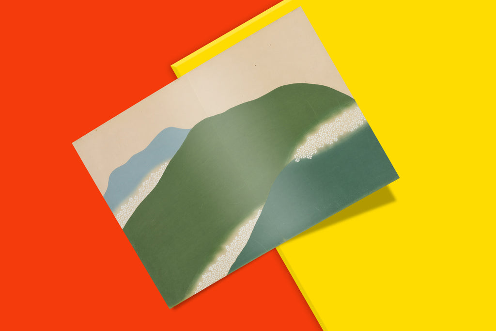 Japanese woodblock print by Kamisaka Sekka from Flowers of a Hundred Worlds series, minimalist mountain landscape fine art poster with cherry blossoms