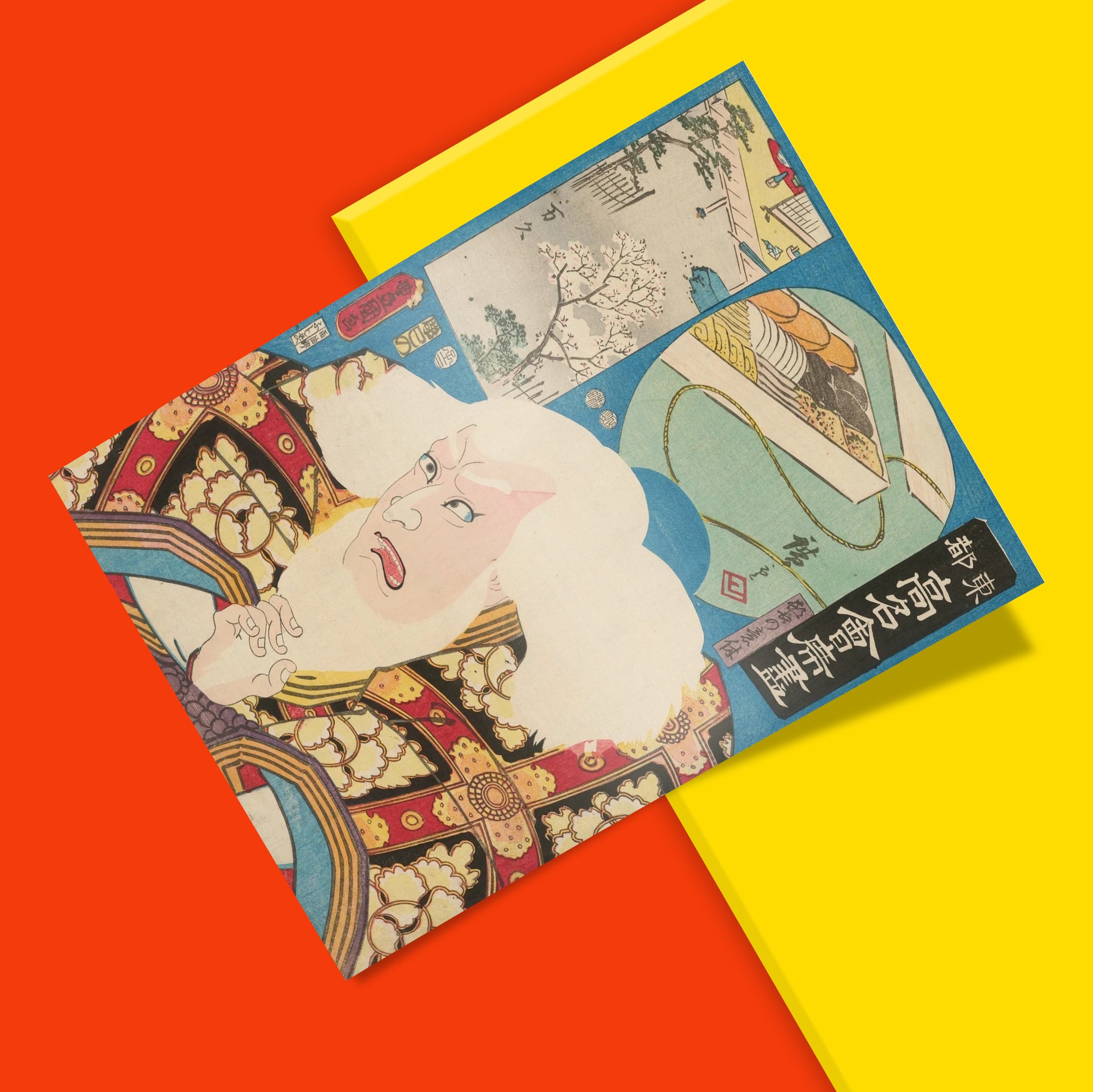 Vibrant Japanese woodblock print wall art featuring a kabuki actor, perfect for adding colour and cultural depth to any interior.