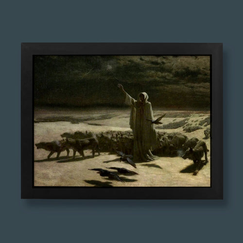 J.C. Dollman Famine 1904 Victorian fine art print featuring a shrouded figure surrounded by wolves and ravens in a moonlit winter landscape