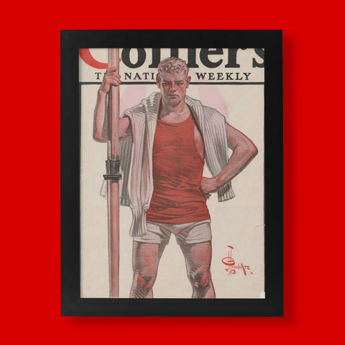JC Leyendecker 1916 Collier's Weekly cover fine art print featuring a male athlete in a red vest, giclée wall art